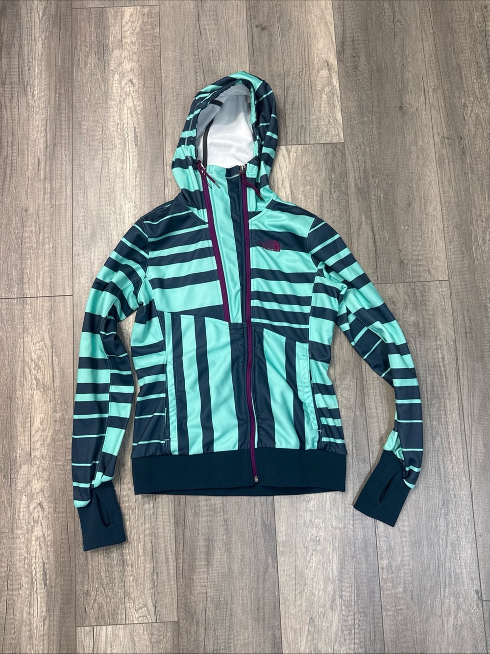 The North Face Women's Teal & Navy Striped Hooded Jacket with Purple Zipper